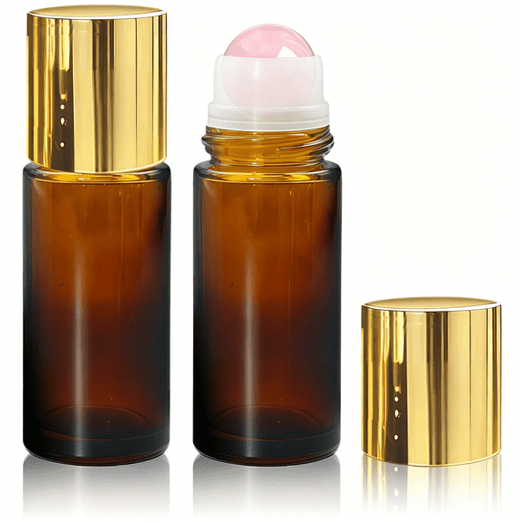 ACDANC 2 Pack Amber Glass Essential Oil Roller Bottles,50Ml Rose Quartz Roll on Bottles with Natural Crystal Roller Balls,Refillable Perfume Containers with Gold Caps for Diy&Travel