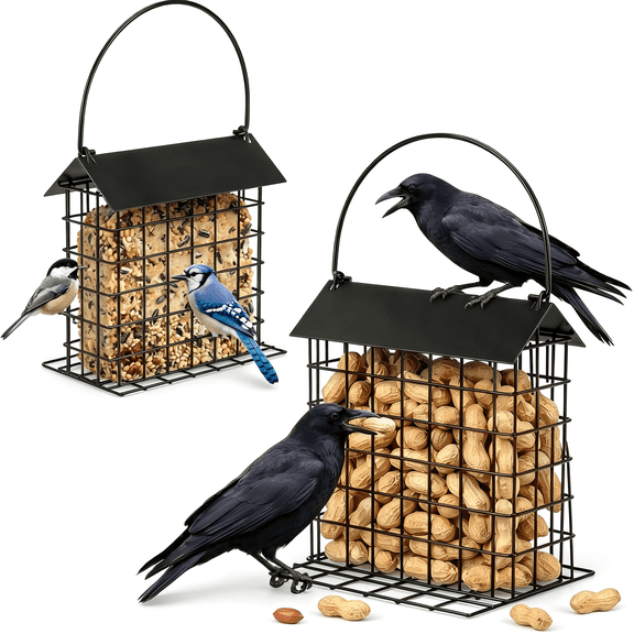 ACDANC 2 Pack Crow Feeder Platform with Weatherproof Roof,Peanut Bird Feeder and Suet Cake Holder for Outside Hanging,Bird Nesting Material Dispenser with Perch for Blue Jay Woodpecker Cardinal