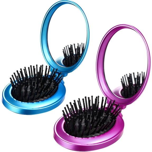 ACDANC 2 Pack Folding Travel Mirror Hair Brushes Round Folding Pocket Hair Brush Mini Hair Comb Compact Travel Size Hair Massage Comb for Women and Girls (Black)