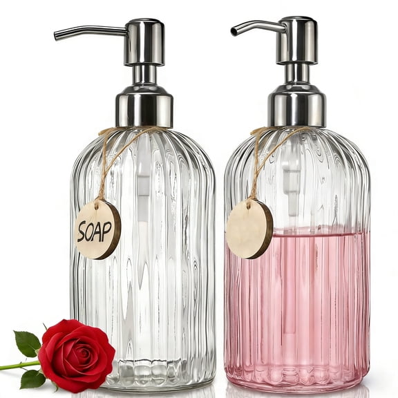 ACDANC 2 Pack Glass Soap Dispenser with Rust Proof Stainless Steel Pump, Refillable Hand Soap Dispenser with Vertical Stripe, Elegant Hand Soap Dispenser for Bathroom & Kitchen