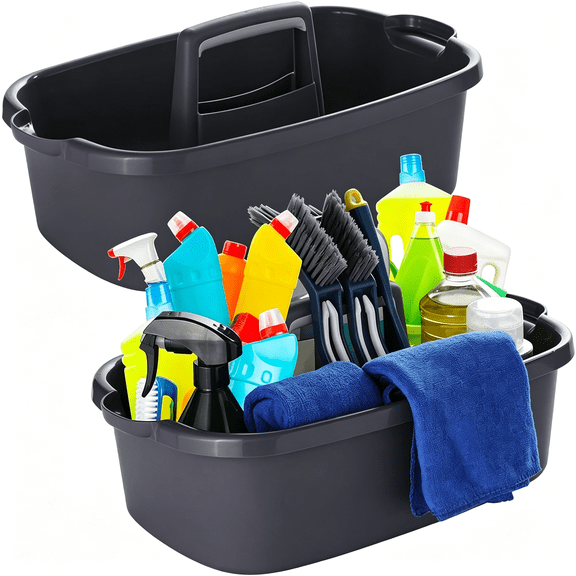 ACDANC 2-Pack Large Gray Cleaning Caddy for Cleaning Supplies with Handle - Portable Plastic Tote Organizer for Shower, Bathroom, Kitchen, under Sink Storage Bathroom Caddy for Shower