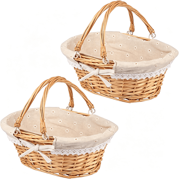 ACDANC 2 Pack Medium Size Wicker Basket with Handle, 12.6X9X4.7" Wicker Picnic Basket with Liner, Empty Gift Basket, Oval Willow Woven Basket for Fruit, Candy, Gathering, Wedding, Picnic, By,