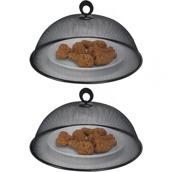 ACDANC 2 Pack Metal Mesh Food Covers with Handle, 9.5 Inch Round Reusable Food Dome Net, Insect Proof Protector for Picnic Camping Kitchen, Black