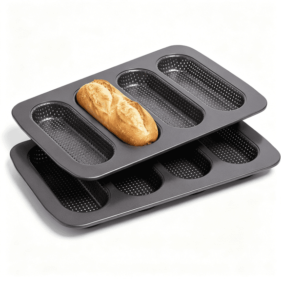 ACDANC 2-Pack Nonstick Carbon Steel Baguette & Hot Dog Bun Baking Pan 4-Cavity Bread Tray for Home Bakery & Daily Use
