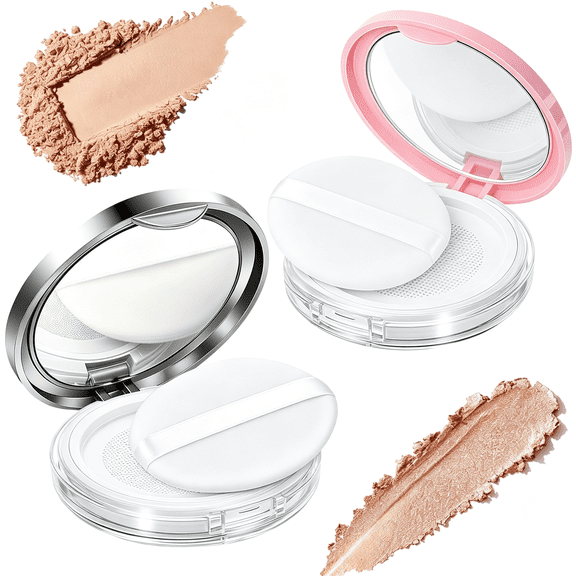 ACDANC 2-Pack Refillable Loose Powder Container with Puff&Mirror-0.17 Oz, Travel Portable Empty Makeup Compact with Mesh for Women Girls(Pink,Silver)