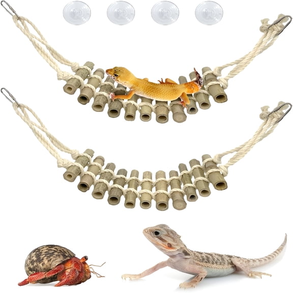 ACDANC 2 Pack Reptile Bridge Climbing Ladder, Wooden Hanging Swing for Terrarium, Flexible Tank Decor Accessories for Bearded Dragon, Gecko, Chameleon, Turtle, Hermit Crab, Frog