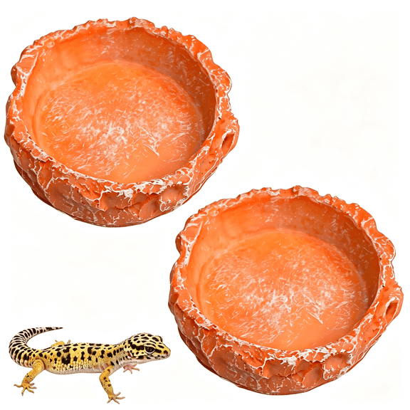 ACDANC 2-Pack Reptile Water Bowl, Low Profile Rock Textured Food Dish, Anti-Tip Calcium Powder Bowl for Leopard Gecko, Hermit Crab, Snake, Tortoise Water Dish, Terrarium Accessories