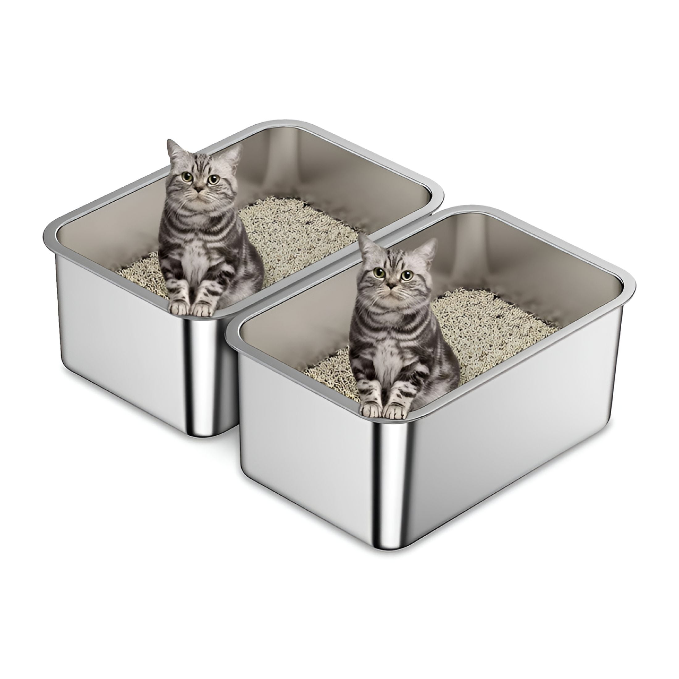 ACDANC 2 Pack - Stainless Steel Litter Box for Cat or Rabbit, High Side and Easy to Clean, Rust Proof (17.5" L x 13.6" W x 6" H)