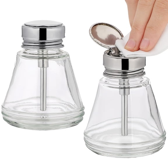 ACDANC 2 Pcs 6 Oz/ 180 Ml Pump Dispenser Bottle Empty Push Down Glass Dispenser Bottle with Flip Metal Cap Makeup Remover Alcohol Pump Sanitizer Container for Nail Polish