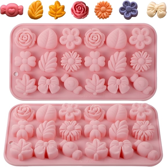 ACDANC 2 Pcs Daisy Flower Chocolate Molds,Flower Candy Silicone Molds,Small Tulip Flower Rose Bow Tie Jello Mold,18 Cavity Ice Mold,Pudding for Cake Desserts,Cupcake Toppers