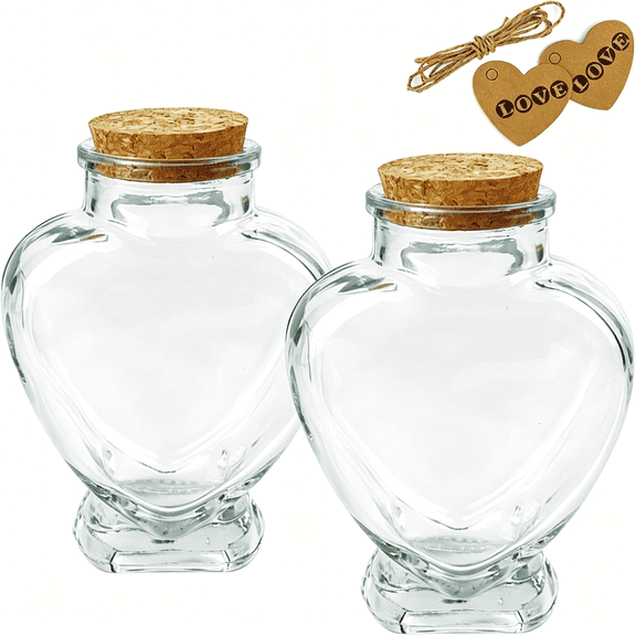 ACDANC 2 Pcs Heart Shaped Glass Bottle with Cork Stopper,160ml Large Empty Jar Decorative for Paper Stars,Wedding Wishes Love Notes Pet Hair Memory Keepsake Romantic Gift 3.3" OpeningLove