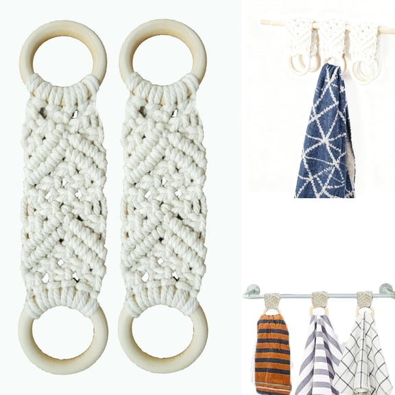 ACDANC 2 Pcs Kitchen Dish Towel Holder with Loop Crochet Hanging Towel Holder Ring Towel Hanger Loop Ring for Kitchen Bathroom (White)