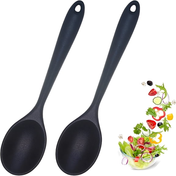 ACDANC 2 Pcs Silicone Nonstick Mixing Spoon,Silicone Spoons for Cooking Heat Resistant,Cooking Utensil for Kitchen Cooking Baking Stirring Serving(Black)