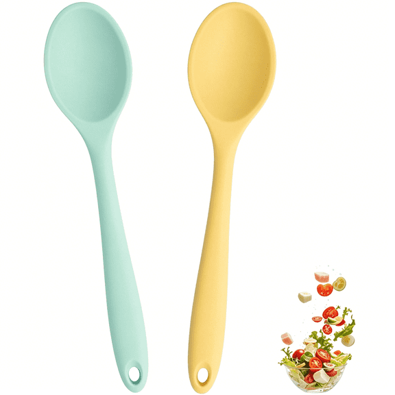 ACDANC 2 Pcs Small Silicone Spoons,8 Inch Mini Mixing Spoons for Cooking,Heat Resistant Kitchen Baking Stirring Mixing Tools (Yellow Green)