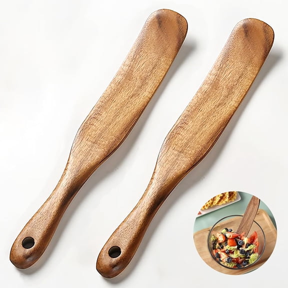 ACDANC 2 Pcs Teak Wooden Spatula for Sourdough - Multi-Purpose Mixing Spoon, Stirring Stick, and Jar Scraper - Durable Flat Spurtle for Bread Making, Cooking, and Non-Stick Cookware (2)