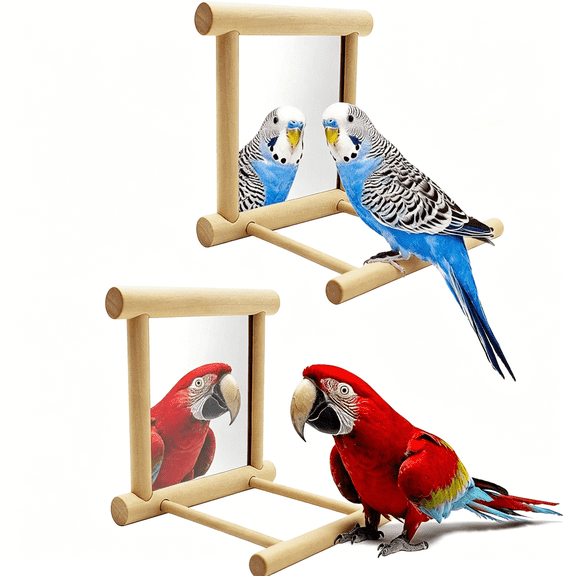 ACDANC 2 Piece Bird Parakeet Mirror for Cage,Parrot Perch Stand,Wooden Hummingbird Swing Toy,Parakeet Accessories for Cockatiels Conure Finch Lovebird Canary African Grey Macaw