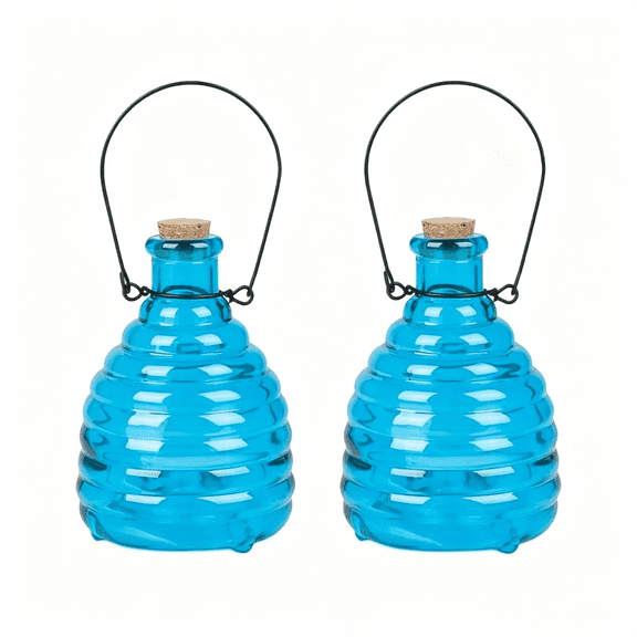ACDANC 2 Pieces Glass Wasp Trap Outdoor Hanging Reusable Wasp Traps with Steel Hooks Yellow Jacket Catchers Trap for Outside Garden Farm Courtyard Garden,Blue