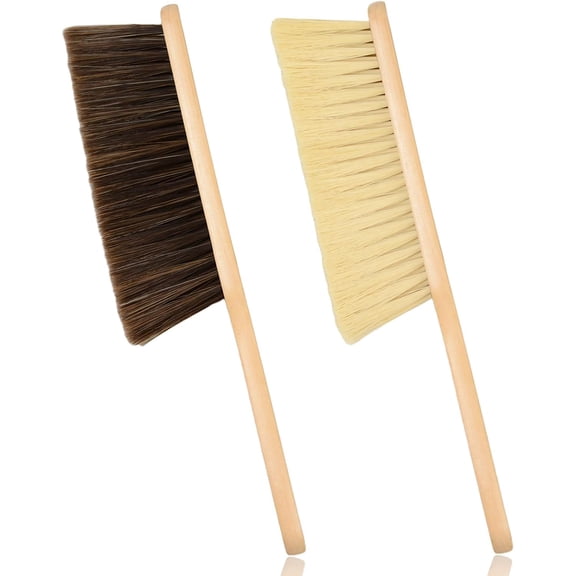 ACDANC 2 Pieces Woooden Dust Brush Hand Broom Bench Brush with Long Wood Handle Whisk Broom Soft Bristle Brush for Counter Bed Sofa Car Fireplace Clothes Household Cleaning