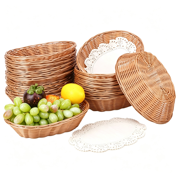 ACDANC 20 Pack 9 Inch Oval Poly Wicker Baskets Food Blotting Sheets, Plastic Oval Bread Baskets for Serving, Home & Restaurant Use 20 Pack Wicker Bread Baskets