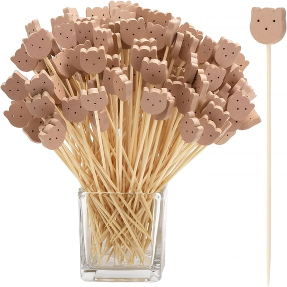 ACDANC 200 Pcs Bamboo Cocktail Picks 4.7 Inch Bear Face Cocktail Sticks Food Picks Garnish Sticks Decorative Toothpicks for Appetizers,Fruits,Dessert,Baby Shower,Birthday Wedding,Party Supplies