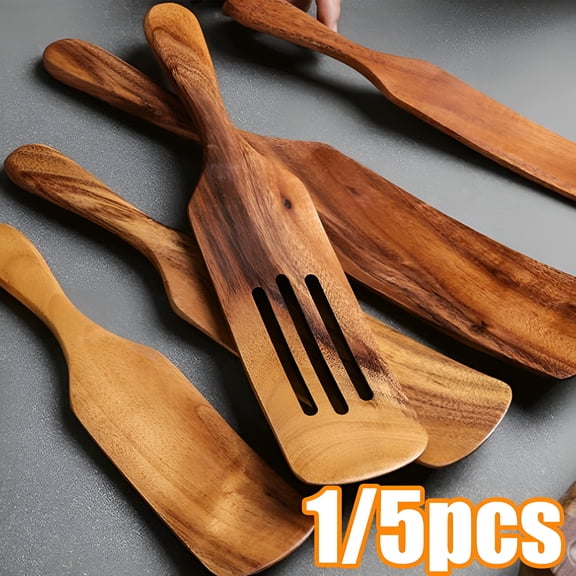 ACDANC 2026 New 1/5Pcs Wooden Spatula for Cooking,Kitchen Spatula,Natural Teak Wooden Utensils Including Wooden Paddle,Turner Spatula,Slotted Spatula and Wood Scraper,Nonstick Cookware