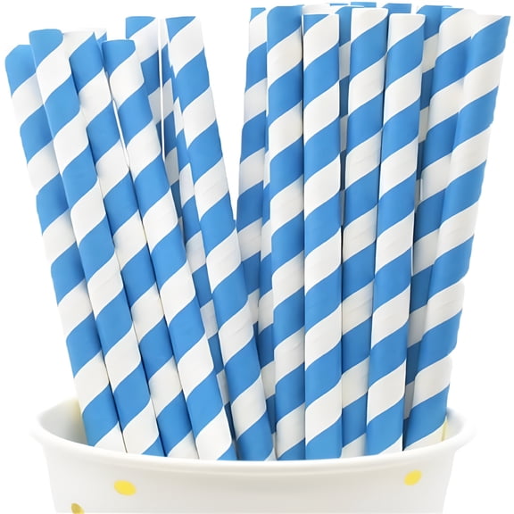 ACDANC 2026 New 100 Pcs Stripes Disposable Paper Drinking Straws for Juice,Soda,Cocktails,Shakes - Great for Birthday Parties,Bridal Showers,Cake Pop Sticks - Biodegradable(Blue)