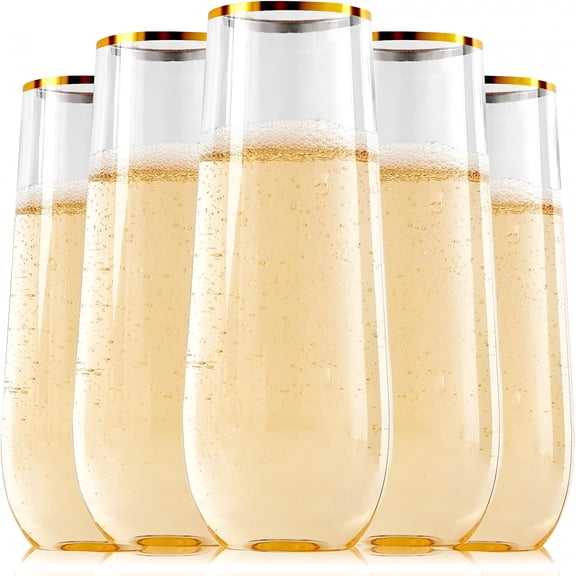ACDANC 2026 New 12 Pack 9 Oz Plastic Stemless Gold Rim Champagne Flutes,Heavy Duty,Shatterproof,Disposable & Reusable Crystal Clear Toasting Glasses Stemless Champagne Flutes