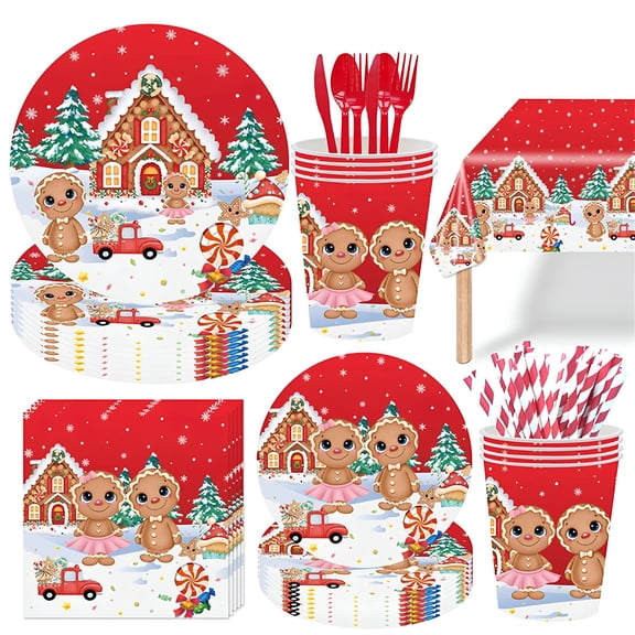 ACDANC 2026 New 133Pcs Christmas Tableware Set,Disposable Cutlery Gingerbread Print Paper Plates Cups Napkins Dinnerware,Cutlery Set Disposable for Party Supplies New Year Decoration