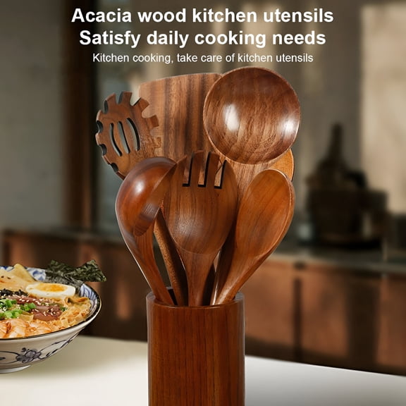 ACDANC 2026 New 1Pcs Wooden Kitchen Utensils Set Black Walnut Wood Spoons and Handle Long,For Stirring,Serving,Sauteing,Non-Scratch Cooking,Home Kitchens