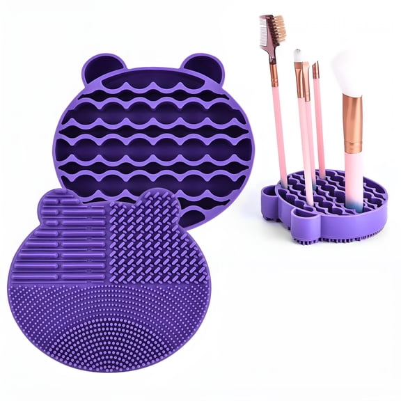 ACDANC 2026 New 2 in 1 Makeup Brush Cleaning Mat with Brush Drying Holder,Silicon Bear Shaped Brush Cleaner Pad Include Cosmetic Brush Organizer Rack,Portable Washing Tool for Makeup (Purple)