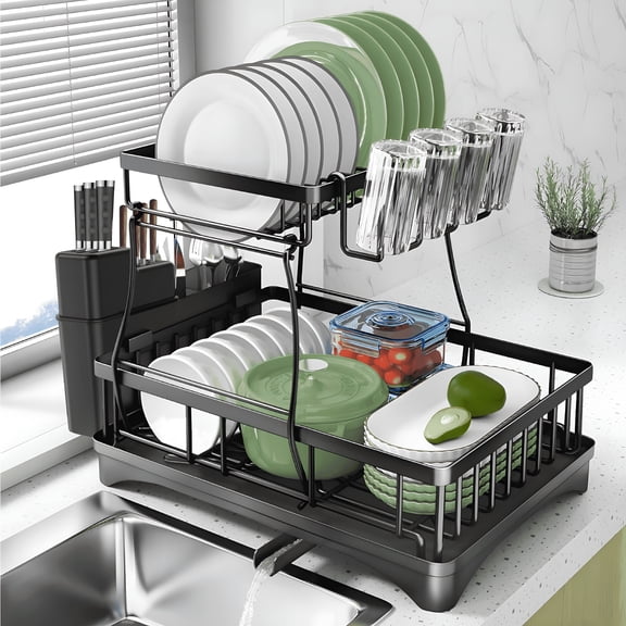 ACDANC 2026 New 2 Tier Dish Racks for Kitchen Counter,Dish Drying Rack with Dish Drainer,Stainless Steel Dish Rack Drain Set with Utensil Cups Holders,Drain Board with Drainage,Kitchen Organizers