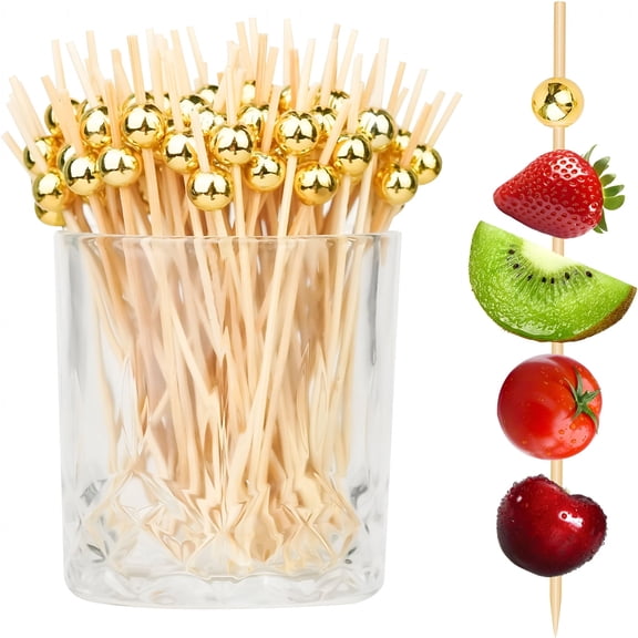 ACDANC 2026 New 200Pcs Cocktail Picks,Fancy Toothpicks for Appetizers,Decorative Skewers for Appetizers Drinks Party,4.7In Long Wooden Bamboo Gold Ball Food Sticks Charcuterie Boards Accessories
