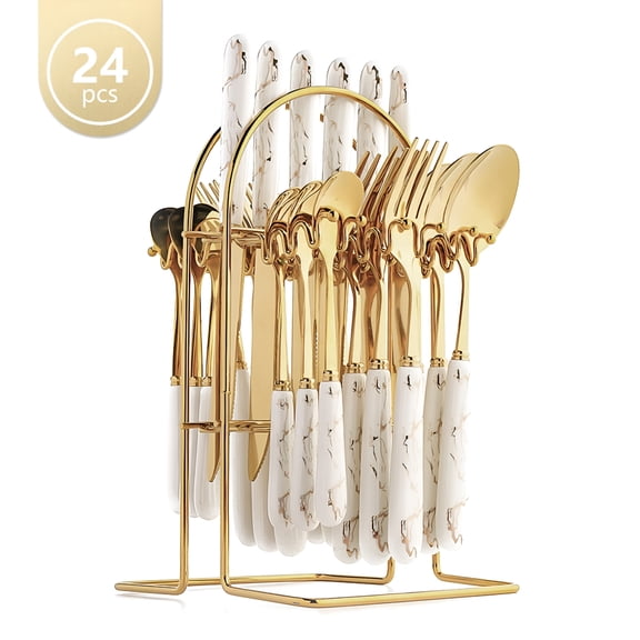 ACDANC 2026 New 24-Piece Stainless Steel Cutlery Set with Elegant Marble Ceramic Handles - Main Dinner Knife,Fork,Spoon,Teaspoon - Luxury Gift Set for Dinner, Party, Home Dining (White)