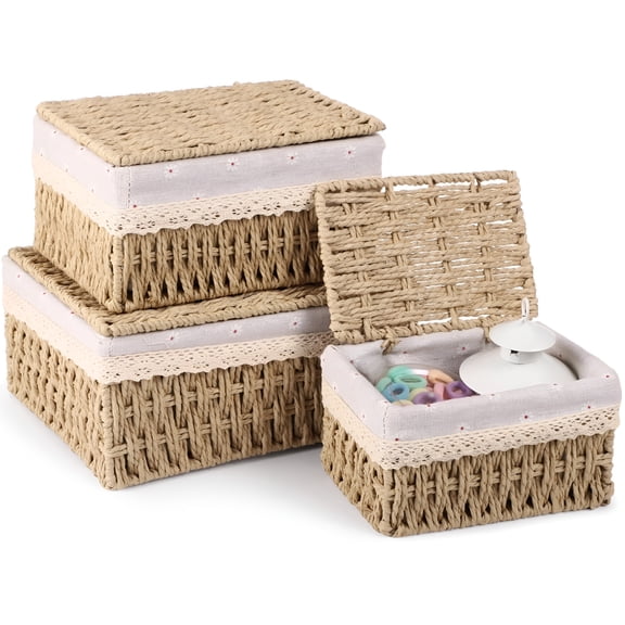 ACDANC 2026 New 3 Pcs Wicker Woven Decorative Baskets with Lids,Handwoven Storage Baskets with Removable Liner,Nesting and Stackable Baskets for Shelves,Bathroom,Bedroom,Kitchen Organization