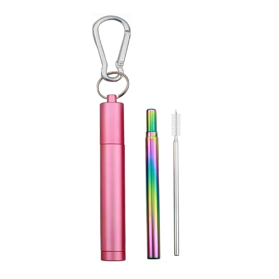 ACDANC 2026 New 304 Stainless Steel Metal Straw Reusable Telescopic Straw with Cleaning Brush Carry Case Collapsible Portable Drinking Straw Set Pink Rainbow