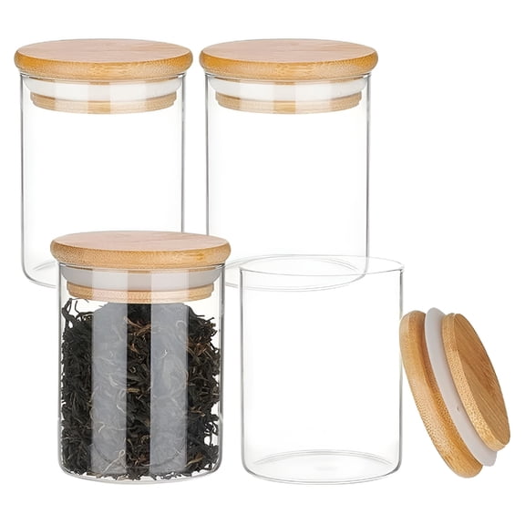 ACDANC 2026 New 4 Pack Clear Glass Jar with Bamboo Lids 7Oz(200Ml) Round Small Airtight Spice Storage Container with Silicone Ring Lids Small Glass Containers with Lids