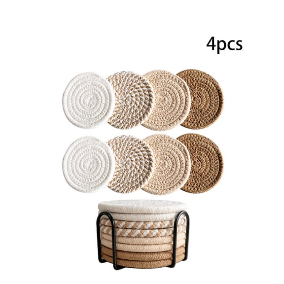ACDANC 2026 New 4 Pcs Coasters Round Hot Pad Trivet for Kitchen Hot Pots and Pans Cotton Thread Weave Drink Coasters for Kitchen Dining Coffee Table Flaxen and White 4.3"