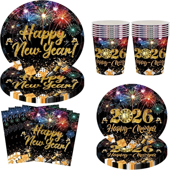 ACDANC 2026 New 96Pcs New Year Tableware New Year Party Decorations Black Gold Plates Napkins Cup New Year Dinnerware 2026 New Year Disposable Tableware for New Year Winter New Year Eve Party Supply