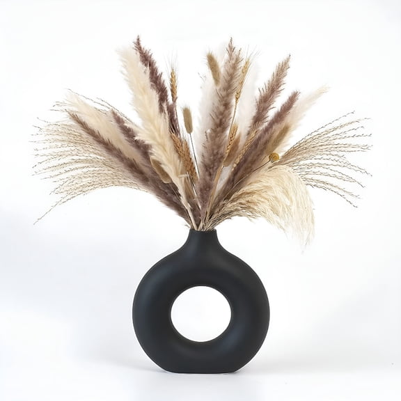 ACDANC 2026 New Black Donut Vase Hollow Ceramic Vase for Flowers Handmade Minimalist Boho Style Modern Home Decor for Wedding Dinner Table Party Living Room Office Bedroom (M)