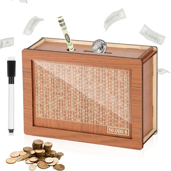 ACDANC 2026 New Cash Vault Wooden Savings Box,Coin Bank for Boys and Girls,Unique 10000 Dollar Savings Challenge Box,Wooden Cash Savings Box with Money Target and Numbers (Light Brown)