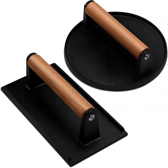 ACDANC 2026 New Cast Iron Smash Bacon Press Meat Steak with Wood Handle,Burger Press(Round & Rectangle with Flat Bottom) for Kitchen,Grill,Barbecue,Home Cooking,Camping