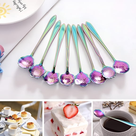 ACDANC 2026 New Cooking Utensils Flower Spoon Set 8Pcs Stainless Teaspoon Rainbow Color for Coffee Tea Mixing Sugar Ice Stir Bar Spoons 8 Different Pattern Colorful Cutlery Set Kitchen Tool Gift