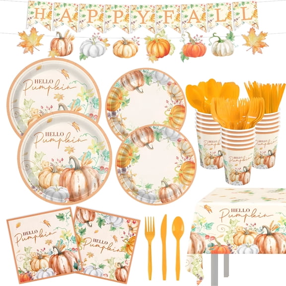 ACDANC 2026 New Fall Decorations Tableware Set Serve for 24 Guests Thanksgiving Disposable Dinnerware Includes Plates Napkin Cup Knife Fork Spoon Straw Banners Tablecloth for Harvest Party Decor