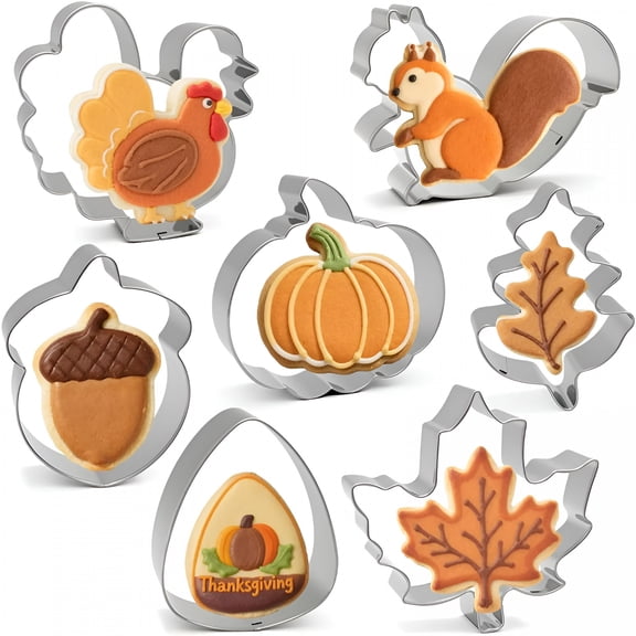 ACDANC 2026 New Fall Thanksgiving Cookie Cutters Set 7Pcs-Large Turkey,Pumpkin,Maple Leaf,Oak Leaf,Acorn,Candy Corn,Squirrel Shapes,Stainless Steel Autumn Themed Biscuit Cutter for Baking Party Decor