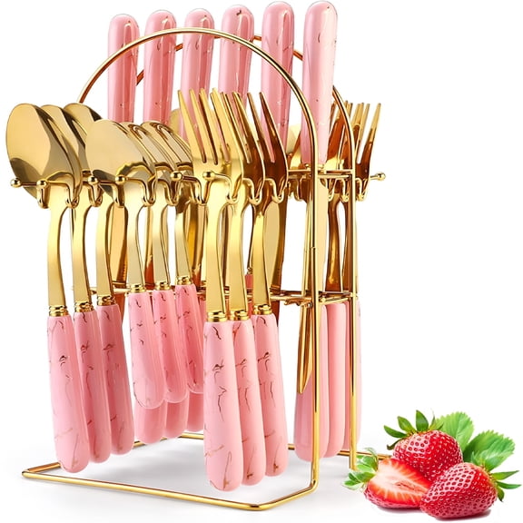 ACDANC 2026 New Gold Silverware Set,24 Pieces Flatware Set with Silverware Holder,Stainless Steel Knives Forks Spoons Cutlery Set Service for 6,Kitchen Utensil Tableware Set with Pink Handle (Pink)