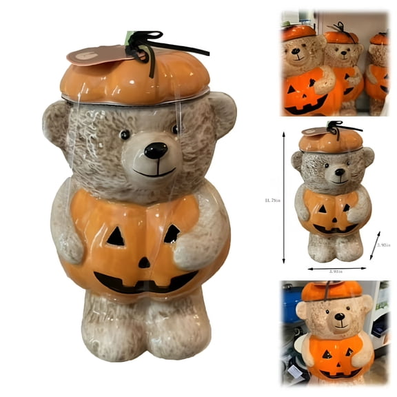 ACDANC 2026 New Halloween Bear Shaped Ceramic Cookie Jar-Pumpkin-Themed Storage Container with Lid-Decorative Kitchen Canister for Cookies,Candy&Treats-Adorable Halloween&Fall Home Decor 1 Pack