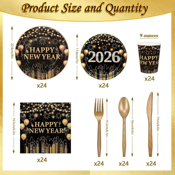 ACDANC 2026 New Happy New Year Party Supplies Tableware Set New Years Eve Party Supplies with New Year Tablecloth Napkin Knife Fork Cups Black and Gold Plates and Napkins for 24 Guest