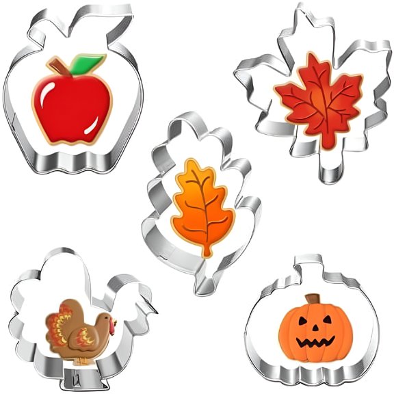 ACDANC 2026 New Large Thanksgiving Cookie Cutter Set - 5 Pieces - Turkey, Pumpkin, Apple, Maple Leaf and Oak Leaf - Fall Holiday Cookie Cutters, Fondant, Biscuit Cutters