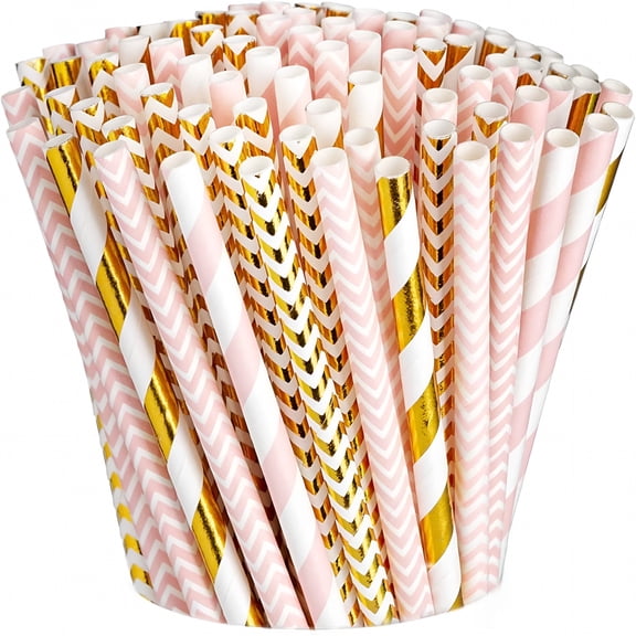 ACDANC 2026 New Light Pink & Gold Biodegradable Straws Disposable Paper Straws Paper Straws for Drinking,200-Pack for Parties, Events, Picnics, Cocktails, Smoothies, Eco-Friendly Gatherings.