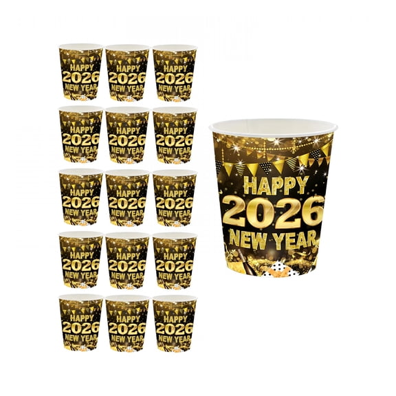 ACDANC 2026 New New Year Party Cups Black Gold Disposable Paper Cups 16 Ounce Drink Cups New Years Eve Celebration Beverage Cups Tableware Set of 16 Happy New Year Cups